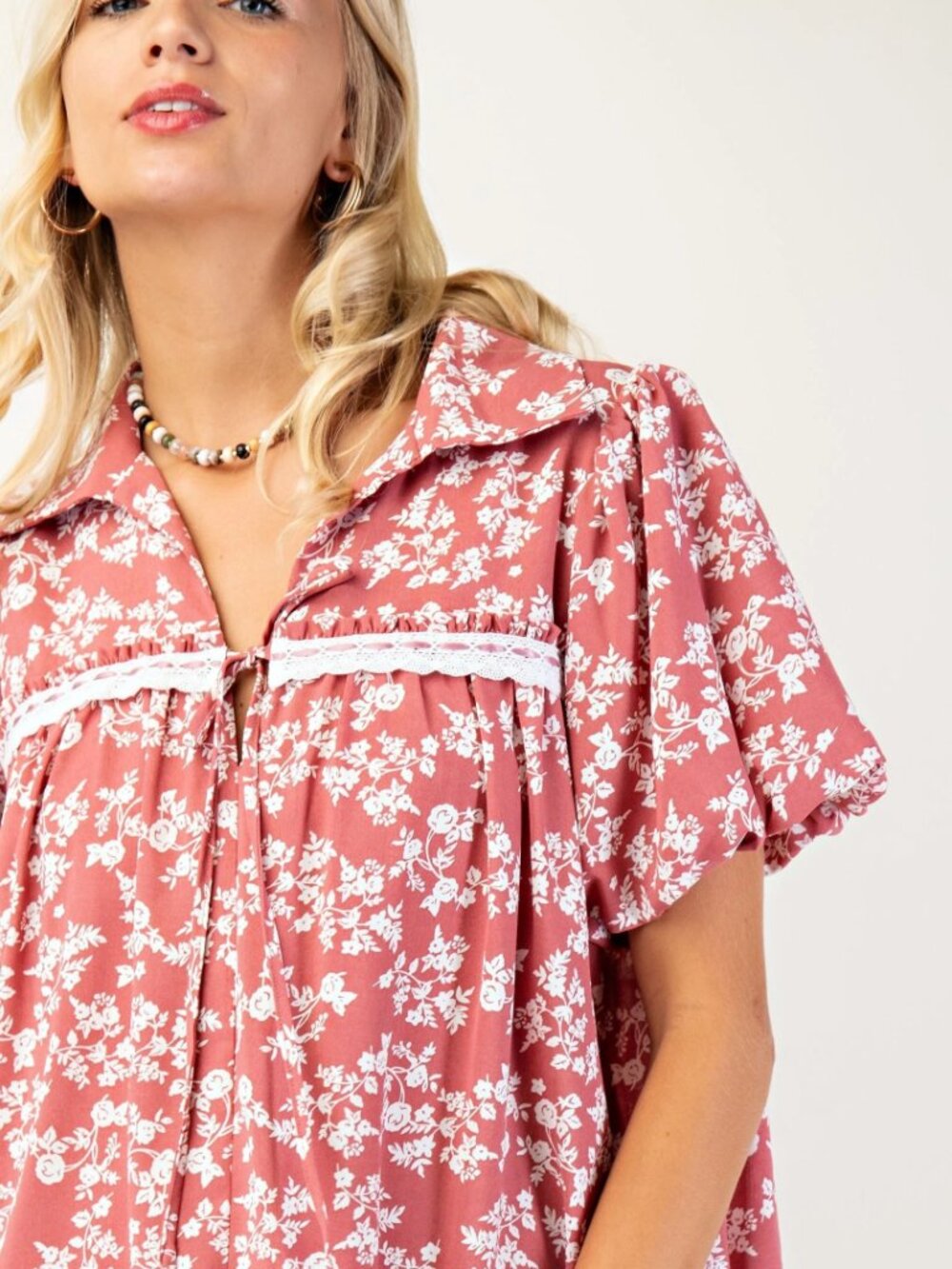 Floral Puff Sleeve Mini Dress with Lace and ribbon detail - Picture 2 of 5